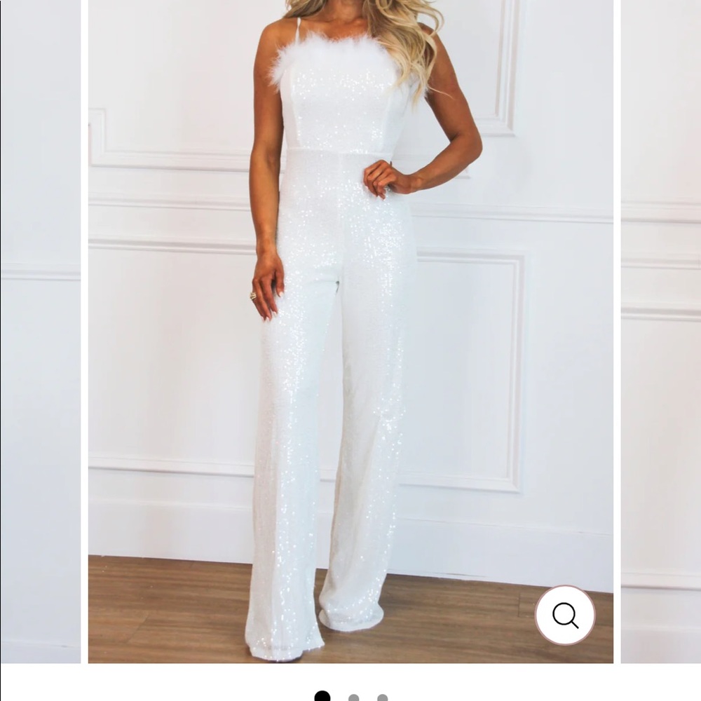 Bella and Bloom White Sequin Feather Jumpsuit